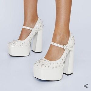 White patent leather with rhinestone encrusted chunky heels Mary Jane